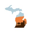 Michigan State Shape with Farm at Sunset w Windmill, Barn, and a