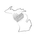 Michigan US state hand drawn pencil sketch outline map with the handwritten heart shape. Vector illustration Royalty Free Stock Photo