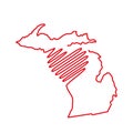 Michigan US state red outline map with the handwritten heart shape. Vector illustration Royalty Free Stock Photo