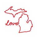 Michigan US state red outline map with the handwritten LOVE word. Vector illustration Royalty Free Stock Photo