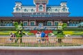 Mickey and Minnie mouse topairy at entrance to Magic Kingdom