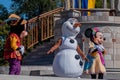 Mickey , Minnie and Olaf Mickeys Royal Friendship Faire on Cinderella Castle in Magic Kingdom 3 Royalty Free Stock Photo