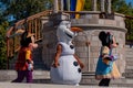 Mickey , Minnie and Olaf Mickeys Royal Friendship Faire on Cinderella Castle in Magic Kingdom 5 Royalty Free Stock Photo