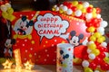 Mickey Mouse Banner 1st Birthday Backdrop Colorful Baby . Red and white Color banner and balloons . Background Cartoon Mickey