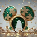 Mickey mouse ears , made of gold, glittery four leaf clovers, 3d render