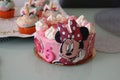 mickey mouse girl birthday cake celebration, pink girly cake witch mouse Miney
