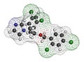 Miconazole antifungal drug molecule. 3D rendering. Atoms are represented as spheres with conventional color coding: hydrogen (