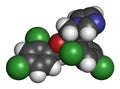 Miconazole antifungal drug molecule. 3D rendering. Atoms are represented as spheres with conventional color coding: hydrogen (