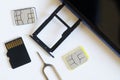 Micro cd card, two miniature nano sim cards and a smartphone with the tray removed next to the ejector. Replacement of the