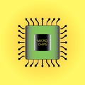 micro chips ,green microchips with black and yellow words ,on yellow background isolated icon