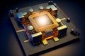 Micro CPU on circuit board with yellow lighting 3D. Generative Ai