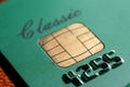 Micro credit card chip close-up, soft focus. New technologies, EMV chip card, smart payment cards Royalty Free Stock Photo