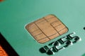 Micro credit card chip close-up, soft focus. New technologies, EMV chip card, smart payment cards Royalty Free Stock Photo