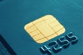 Micro credit card chip close-up, soft focus. New technologies, EMV chip card, smart payment cards