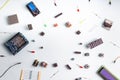 Micro electronics arduino DIY components on a light background, top view