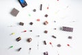 Micro electronics arduino DIY components on a light background, top view