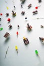 Micro electronics arduino DIY components on a light background, top view