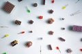 Micro electronics arduino DIY components on a light background, top view