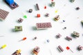 Micro electronics arduino DIY components on a light background, top view