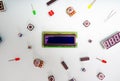 Micro eleectronics arduino DIY components on a light background, top view