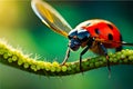 micro image of a red ladybug sits on green leaves.