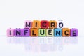 MICRO INFLUENCE word block concept on white reflection table