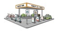 Micro-mobility hub illustration featuring bicycles, e-scooters, and a small green car Royalty Free Stock Photo