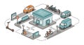 Micro-mobility hub illustration showing a central building labeled \