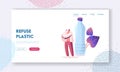 Micro Plastic Contamination Landing Page Template. Tiny Male Character Drinking Bottle Water with Microplastic Pieces