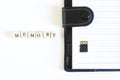 Micro SD memory card lies on an open notebook next to the inscription. Old and modern data storage. Miniaturization. White