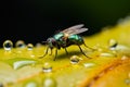 Micro universe tiny fly on green leaf, adorned with waterdrops Royalty Free Stock Photo