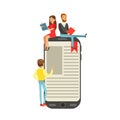 Micro young women and men sitting on a giant electronic book, people enjoy reading vector Illustration