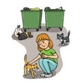 Microbes on homeless animals. A girl pets a homeless kitten near the garbage cans. Danger of infection. Hand-drawn