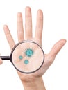 Microbes on humans hand shows by mygnifying glass. 3D rendering Royalty Free Stock Photo