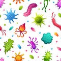 Microbes pattern. Cartoon microbe and infectious viruses background, flat infection cells and bacteria. Garish germ or