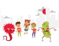 Microbes set banner vector illustration. Collection of cartoon viruses. Bad microorganisms for children. Different