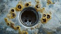 Microbial colonies in bathroom drains Pathogens, close-up of a rusty drain with corroded metal surface, showcasing decay and Royalty Free Stock Photo