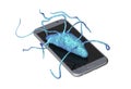 Microbial contamination of a mobile phone, conceptual image