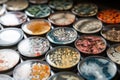 microbial cultures growing in diverse and intricate patterns on petri dishes