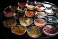 microbial cultures in petri dish array, showing diversity of species