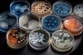 microbial cultures in petri dishes, arranged in geometric patterns