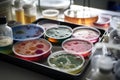 microbial cultures and petri dishes in science lab, with tools for manipulation visible