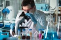 Microbiologist analyzing sample in the microscope Royalty Free Stock Photo