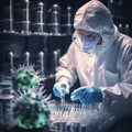 A microbiologist grows a virus in a test tube. A scientist examines test tubes with a virus