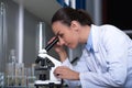 Cute reasonable scientist standing and working with the microscope.