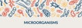 Microbiology banner. Collection of different types of microorganisms. Scientific vector illustration in sketch style Royalty Free Stock Photo