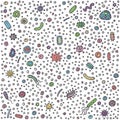 Microbiology doodle pattern set with bacto, viruses, corona Royalty Free Stock Photo