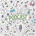 Microbiology doodle podcast with bacto, viruses, computer, microphone, headphones,phone, handwritten lettering Royalty Free Stock Photo