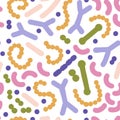 Microbiome seamless pattern. Probiotic bacteria background with lactobacillus, bifidobacteria, acidophilus. Flat simple