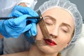 Microblading. Permanent makeup. Attractive woman getting facial care and tattoo Royalty Free Stock Photo